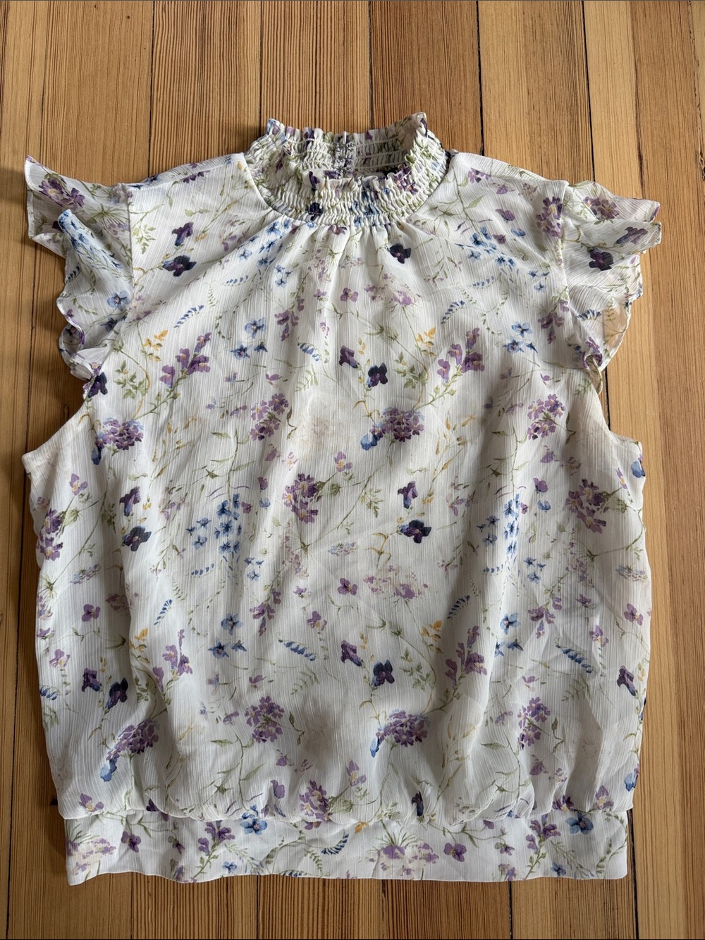 Express White Floral Blouse with Purple & Blue Flowers